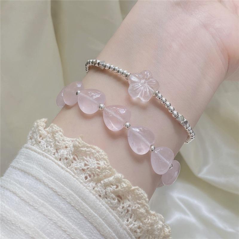 Wishing Your Dreams Come True with Peach Blossom Pink Crystal Heart Bell beads9Silver Bracelet for Female Friends, Unique and Exquisite for Summer