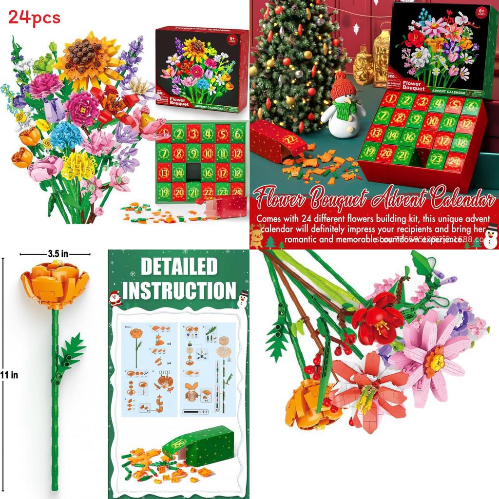 Bloemenboeket Kerst Aftelkalender Adventskalender Blind Box Blokkenset Met Doe-het-zelf Plezier Voor Huis Vakantie Decoratie