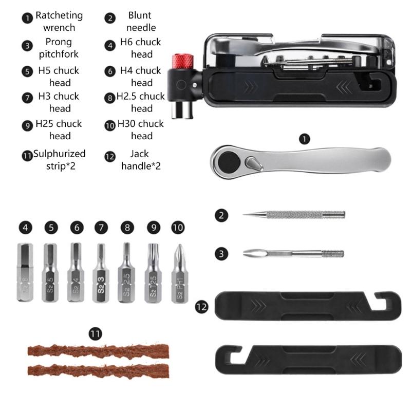 Compacts Folded Bike Tool Set 15 Functions Including Steel Ratchets Wrenches and Emergencies Tire Repair Accessories