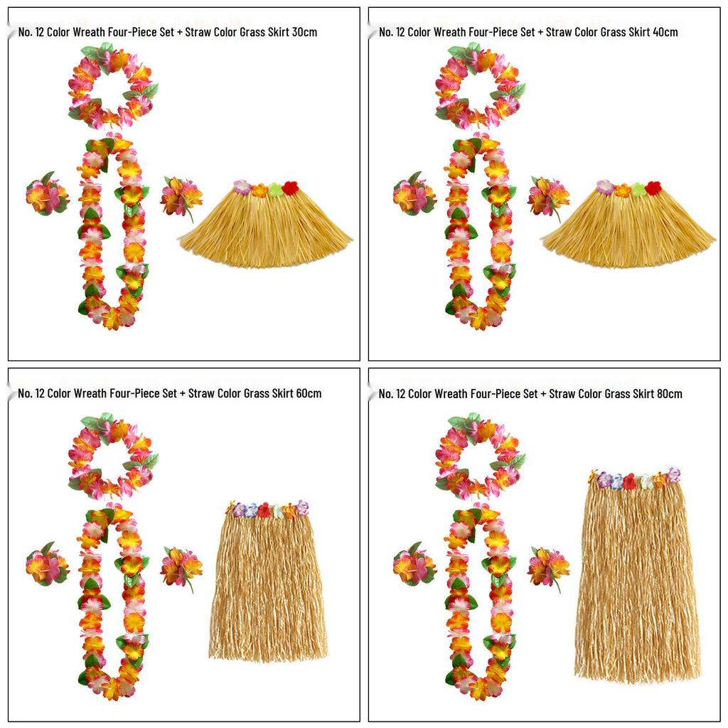 Kaifeng Summer Hawaiian Grass Skirt and Flower Garland Dance Party Set - 5 Pieces (30CM, 40CM, 60CM, 80CM)