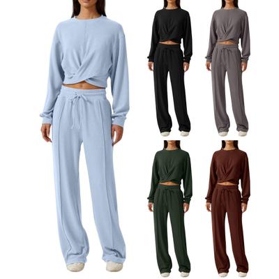 2 Τμχ/Σετ Γυναικείο Σετ Τοπ Παντελόνι Στρογγυλή Λαιμόκοψη Μακρυμάνικο Κοντό Τοπ Με Κορδόνι