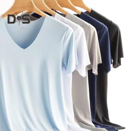 Men Summer T-shirt V Neck Thin Ice Silk Solid Color Thin Stretchy Pullover Mid Length Sweat Absorption Quick-drying Sport Fitness Top