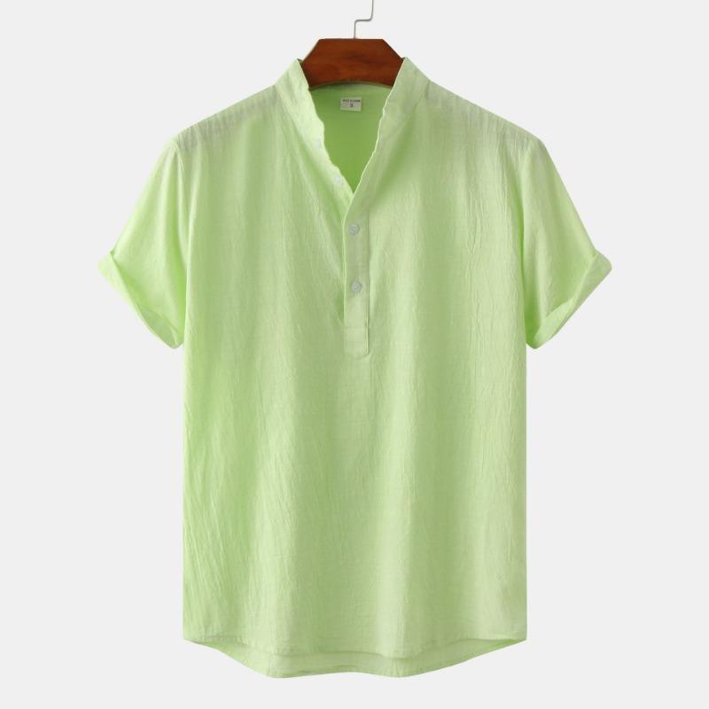 Summer Men's Cotton Linen Stand Collar Casual Short Sleeved Shirt Beach T-shirt Shirt Men's Clothing