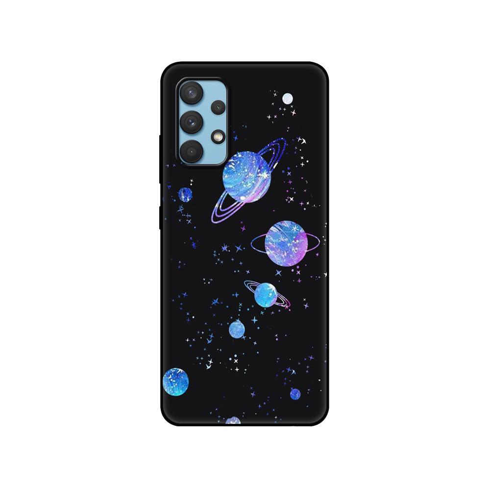 Black Tpu Case For Samsung Galaxy A12 A22 A32 A42 A52 A72 4g 5g S21 PLUS Ultra Back Cover Space Spaceship Stars and Moon