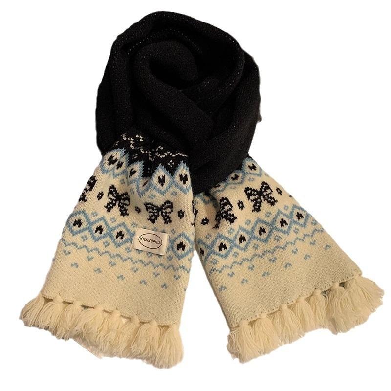 Red bow knitted fringed scarf women's winter atmosphere versatile Christmas warm student scarf