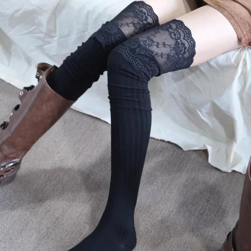 Women's Lace Thigh High Stockings Casual Over The Knee Patchwork Long Socks Thermal Vertical Stripe Socks Female Tube Leggings