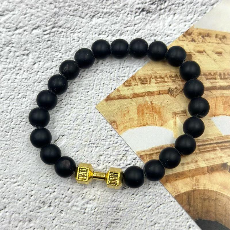 "Turquoise & Volcanic Rock Beaded Bracelet with Dumbbell Charm – Unisex Jewelry”