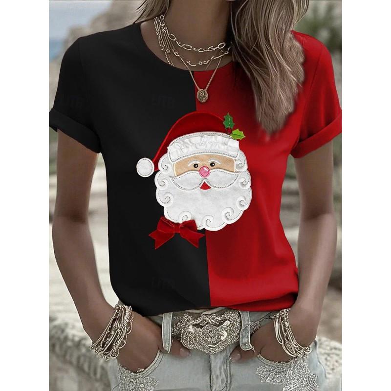 Womens Slim Fit Round Neck Short Sleeve T-Shirt With 3D Santa Claus Print Soft Cotton-Feel Fabric Casual Office Wear
