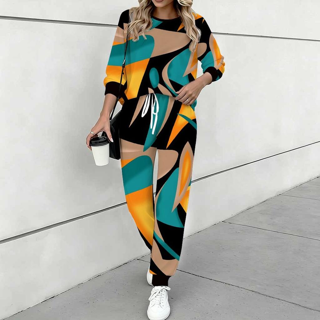 Women Floral Print Two Piece Outfit, Long Sleeve Crew Neck Top & Drawstring Jogger Pants Casual Tracksuit for Spring Autumn