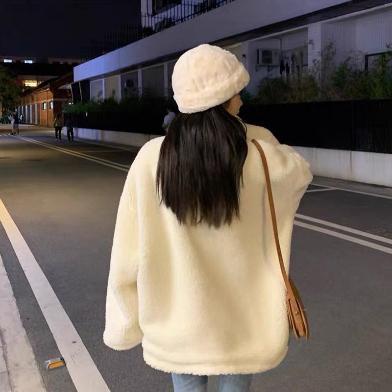 Women's Stand Collar Long Sleeve Jacket Oversized Fit Fleece Lined Sherpa Coat Letter Print Zip Up Warm Winter Outerwear