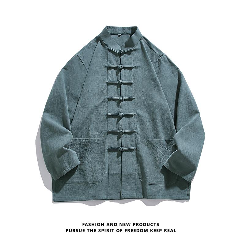 Herbst Herren Einfarbiges Hemd Herren Langarm Chinesischer Stil Hemden Tang Anzug Herren Retro Kung Fu Tai Chi Oberteile Weiße Hemden