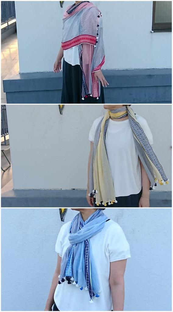 All Over the Pompom Cotton X [.a World] Stole, 100% Cotton, Large, Embroidered, Spring/Summer, Scarf, Women's (Blue Navy)