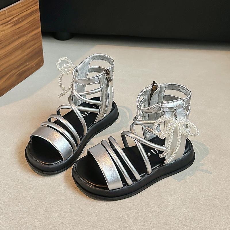 

Girls Princess Sandals Soild Color Versatile Kids Roman Shoes Side Zipper 2025 Summer New Children Beach Shoes Open Toes Beading 26 серебряный