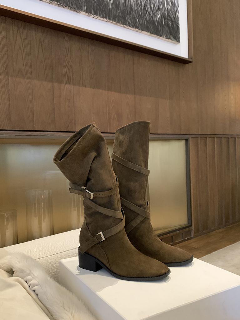 Sheepskin version~ 7cm heightening stack medium boots women's tip round head cross strap retro thick heel long boots knight boots