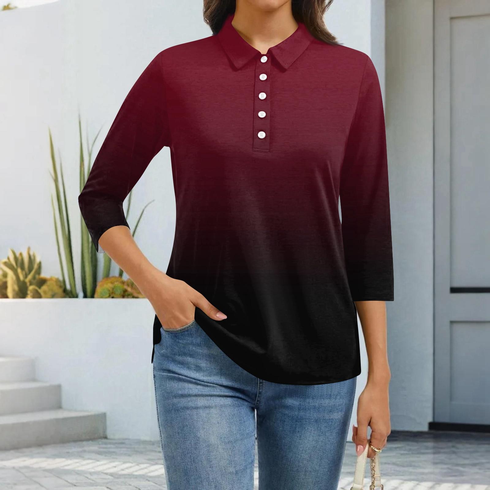 

Женская модная повседневная рубашка с лацканами и рукавом 3/4 с принтом, женские топы на пуговицах XL винный