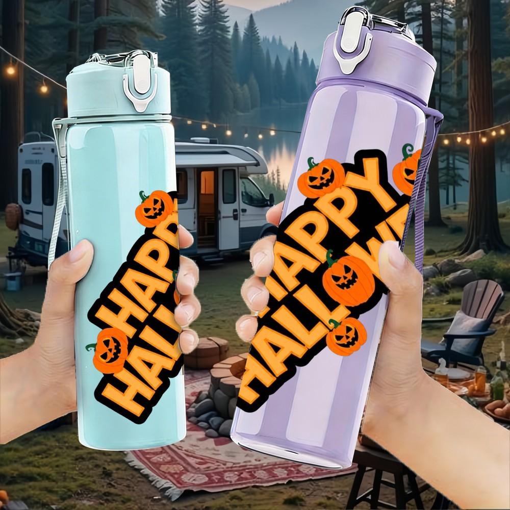 1PC Happy Halloween Text Art Pattern 750ml Color Plastic Sports Water Bottle Leakproof Flip Straw Lid Suitable for Sports Office Home Use