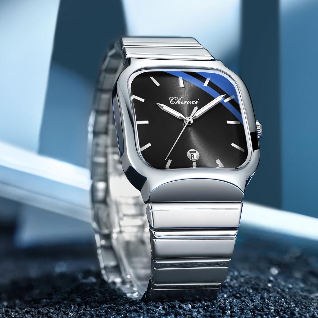 Chenxi Business Casual Square Quartz Men's Watches Stainless Steel Date Calendar Noctilucent Fashion Male Waterproof Watch Gifts