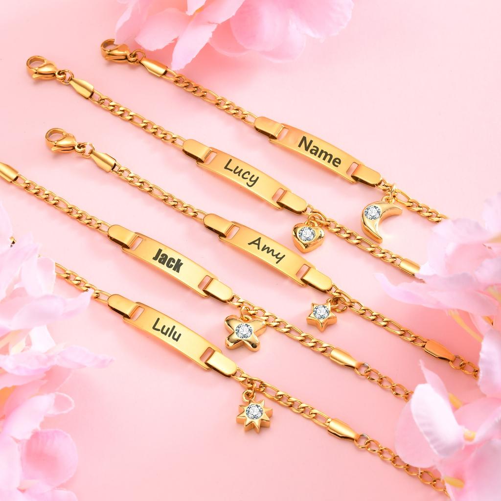 Name Custom Bracelet,Stainless Steel 3 To 1 Nk Zircon Chain Sun/Star/Moon/Heart/Butterfly Date Engrave Bracelets
