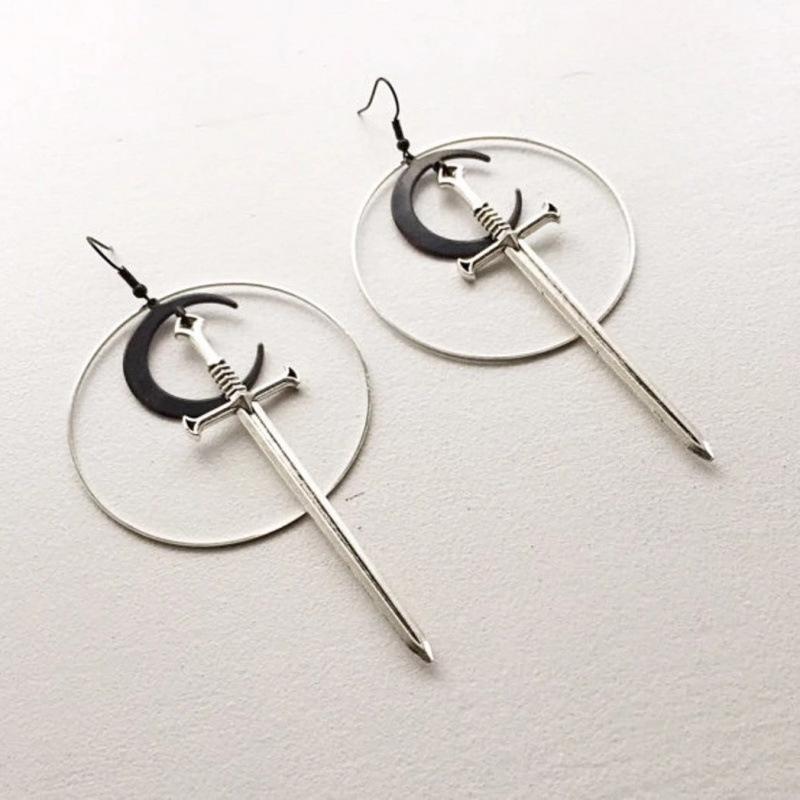 Black Moon Long Sword Silver Earrings - Stylish Pendant Gift