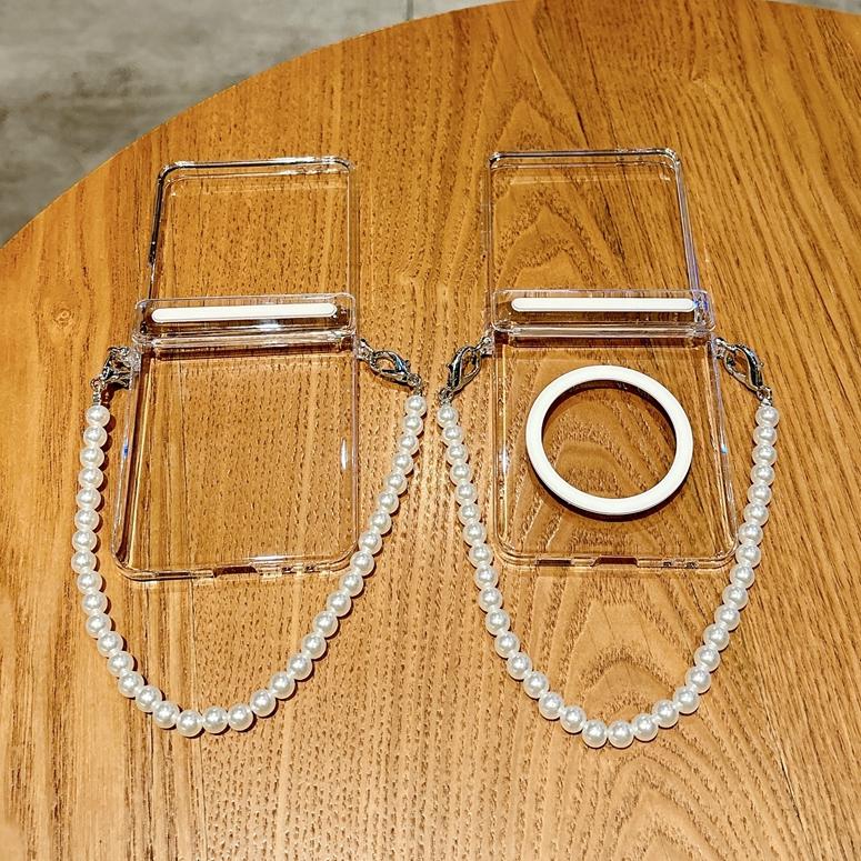 Transparent Pearl Bracelet Case for Samsung Galaxy Z Flip 7 6 5 4 3 Magnetic Hand Wrist Chain Clear Hard PC Cover