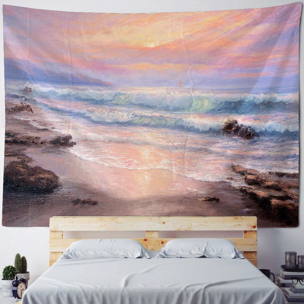 Sea View Oil Painting Tapestry Wall Hanging Living Room Bedroom Office Aesthetic Decoration Mural Home Background Hanging Cloth