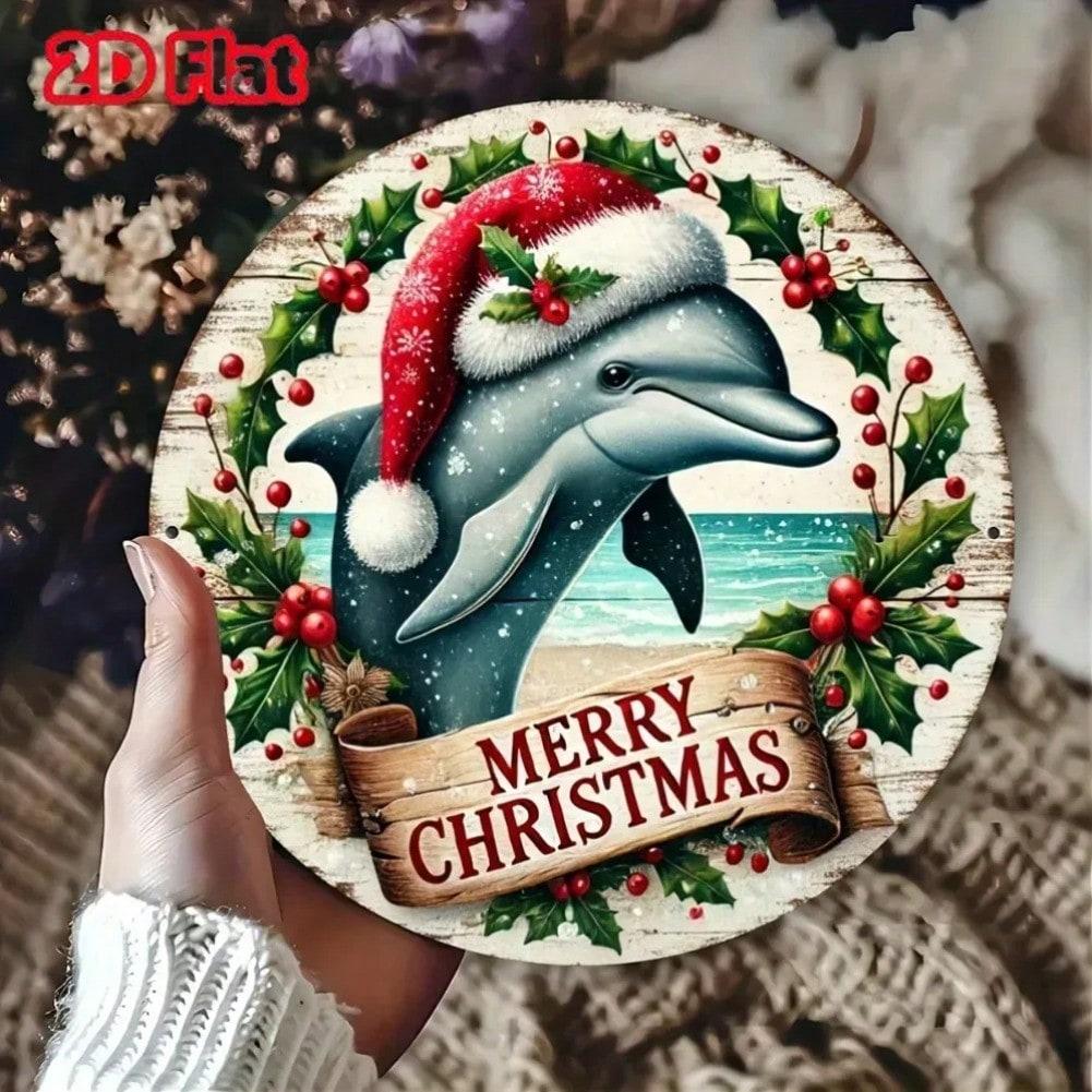 

Round Dolphin Metal Wall Art Christmas Decoration Santa Hat Holly Snowflake Holiday Sign 20x20 різнокольоровий