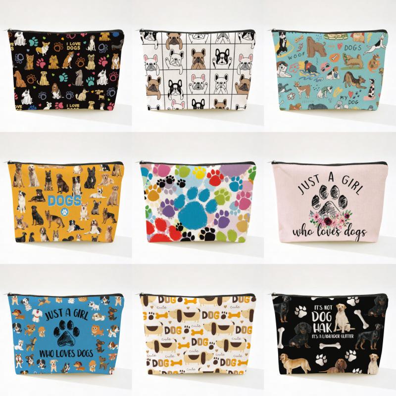 Cute Dog Print Linen Makeup Bag - Wear-Resistant & Portable Storage with Zipper