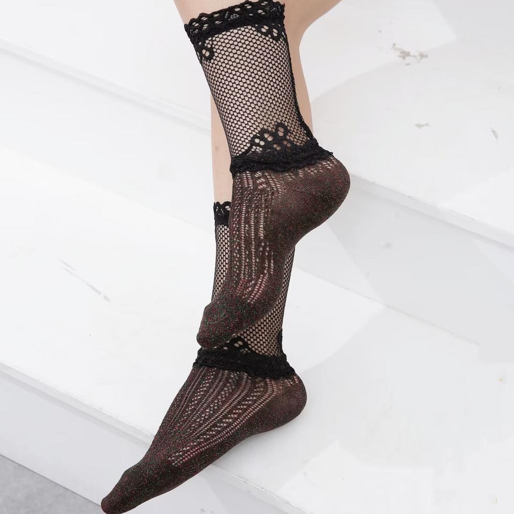 3 Pairs of Summer Fashionable Hollow Mesh Socks Mid Tube Socks Shiny Silk Thin Lace Invisible Breathable Sweet Lace Socks