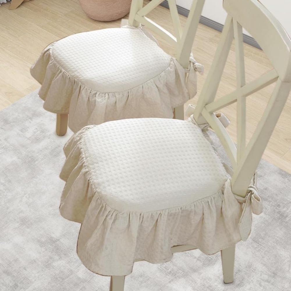 French Cotton Simple Seat Cushion,Fabric Not-Slip Soft Chair Pad, Ruffled Skirt Seat Cover, Soft Ruffled Design & Cotton Fill