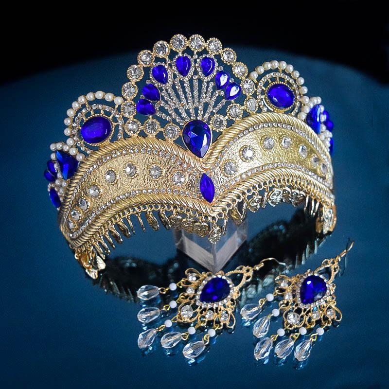 Ethnic Style Dance Luxury Pearl Gold Crown Hollow Design Bridal Wedding Decoration Alloy Crown Earrings