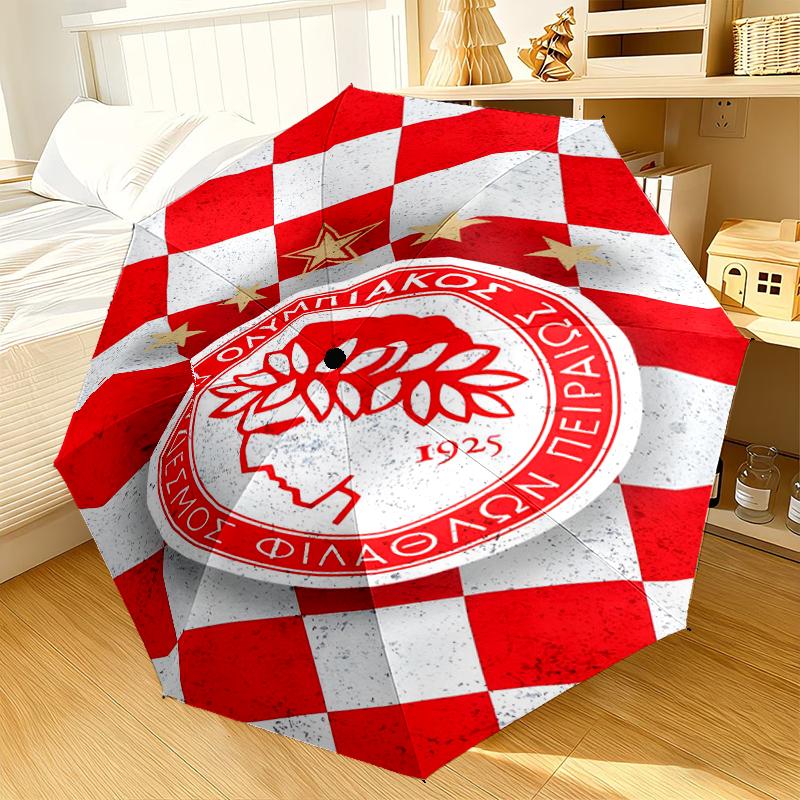 Olympiacos Fc Crest Emblem Automatic Folding Umbrella - 8-Rib Travel Umbrella with Auto Portable Case, Ideal Gift for Birthdays