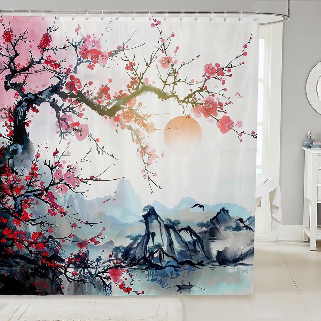 Japanese Wave Shower Curtain Kids Cherry Blossoms Bathroom Shower Curtain Set For Boys Girls Japanese Ukiyoe Theme Home Decor