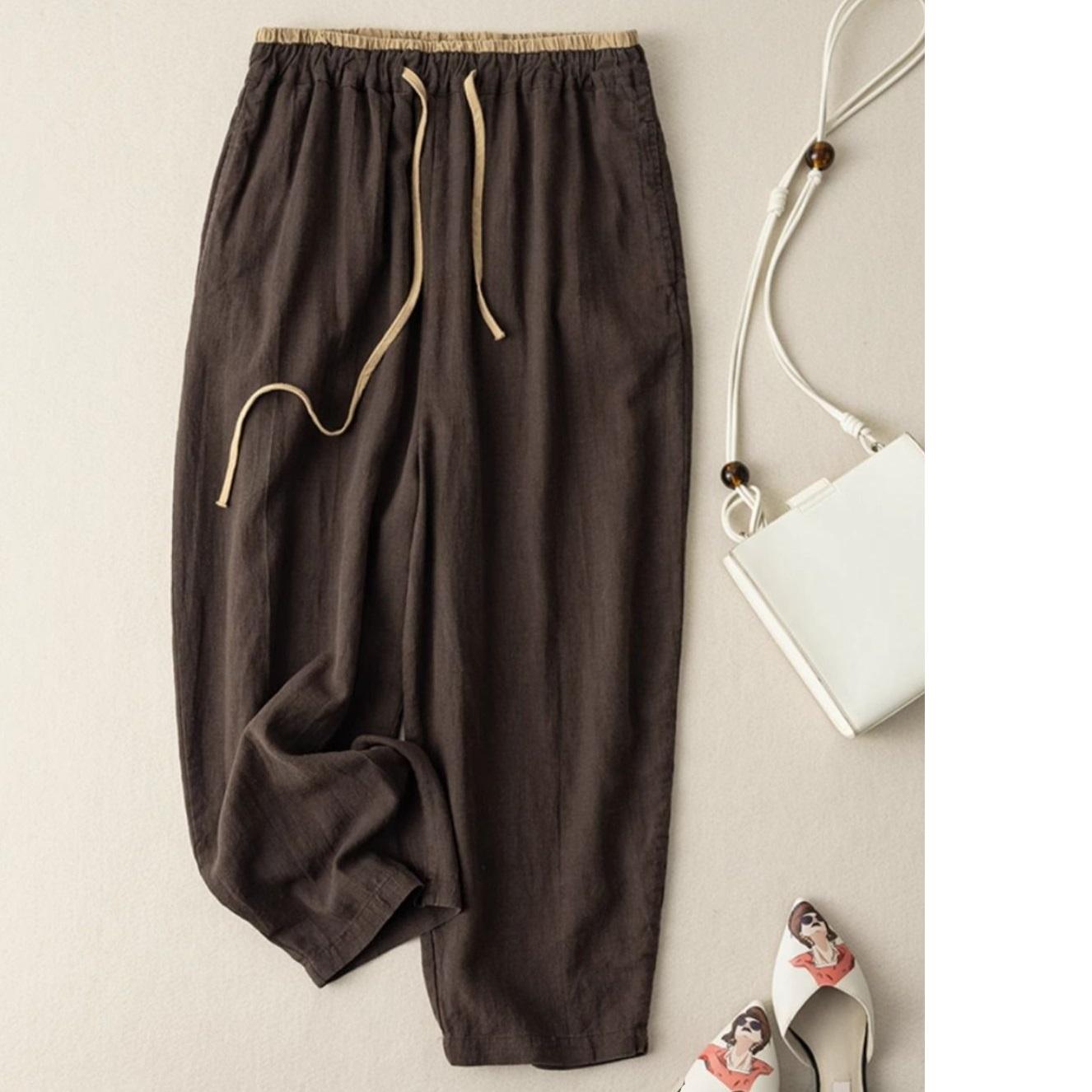 

Летние ретро хлопковые льняные широкие повседневные брюки женские эластичные повседневные брюки с завязками на талии универсальные широкие брюки длиной до щиколотки XL