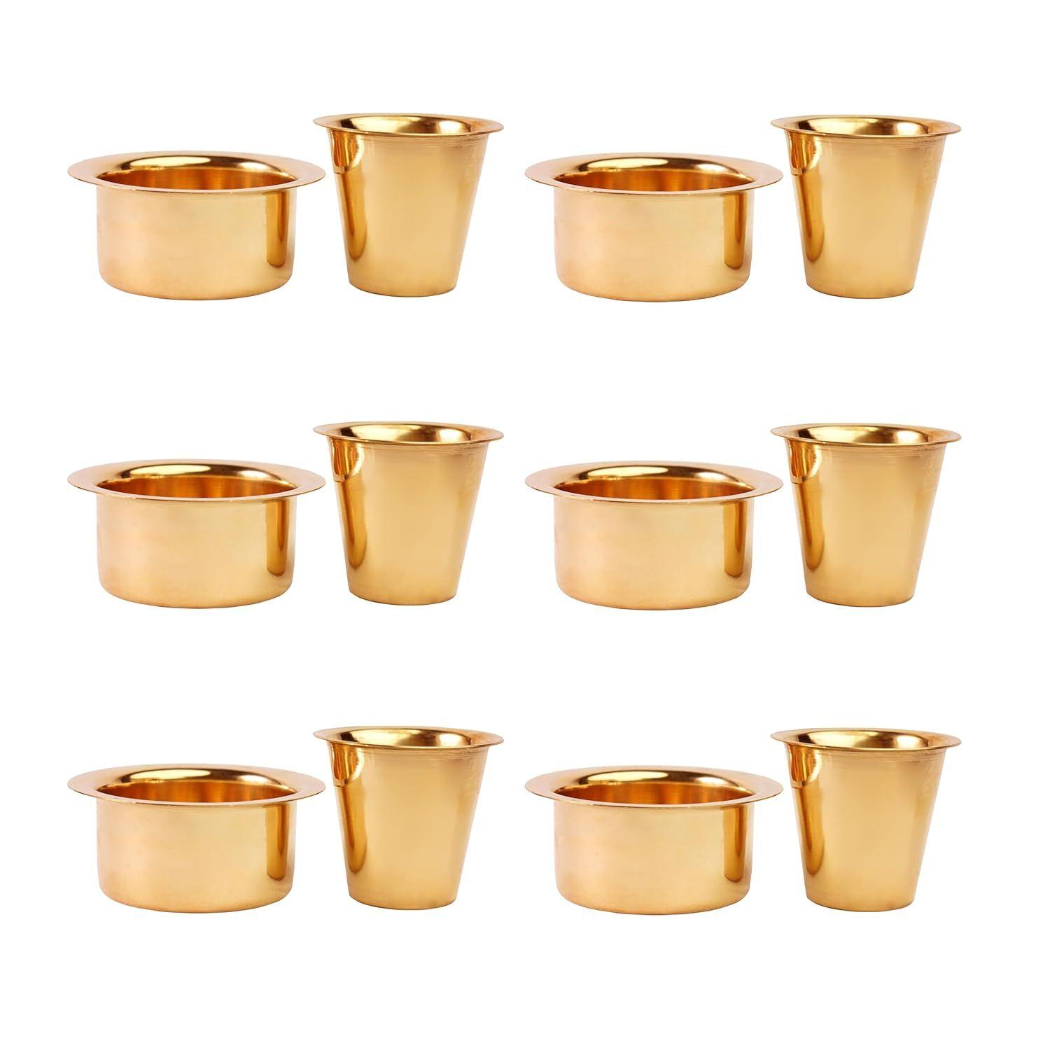 

Индийская латунная кофейная чашка Давара/Дабара и стакан для подачи фильтрованного кофе/чая/Традиционная кумбаконамская дабара гладкая - 150 мл (Набор из 6)