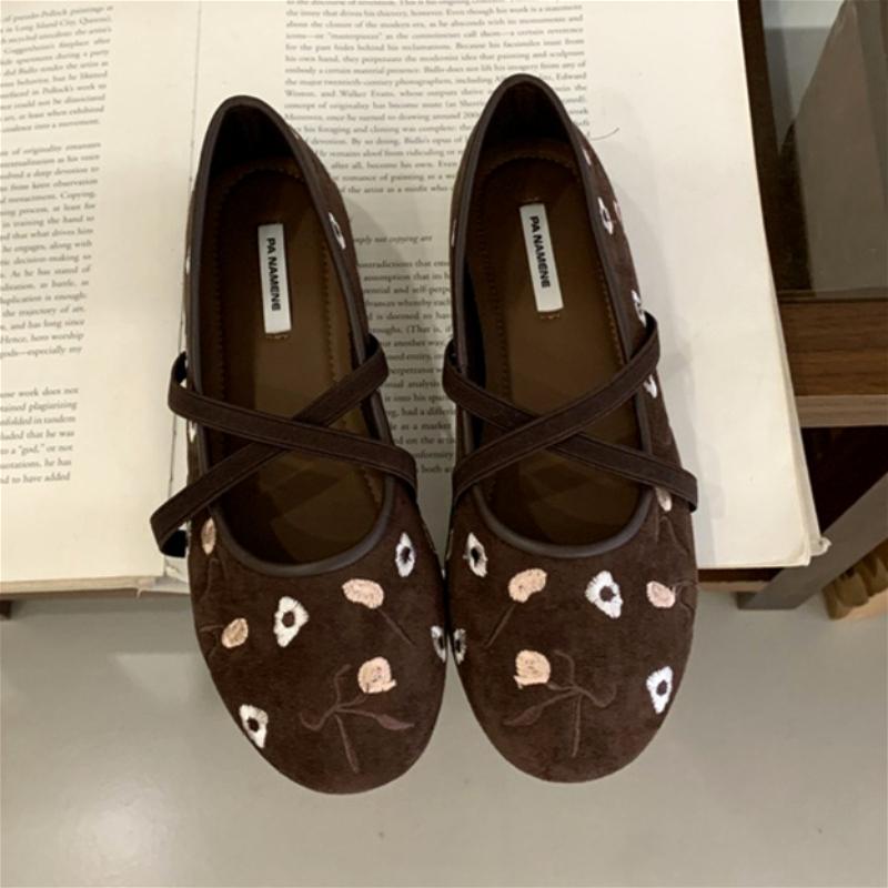 Novelty Suede Embroidery Ballet Flats Women Fashion Round Toe Soft Sole Elegant Mary Jane Shoes Comfort Outdoor Shoes
