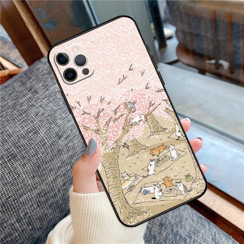 Japanese Cat Drink Pattern Case For iPhone 14 Plus 11 12 13 15 16 Pro Max Mini Plus XR X XS Max Back Cover