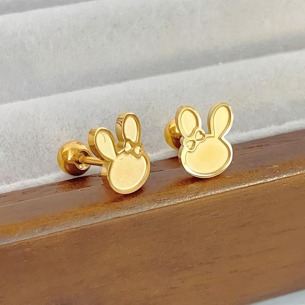 Korean-Style Cute Frosted Rabbit Ear Bone Stud Earrings - Women's Fashionable Titanium Steel