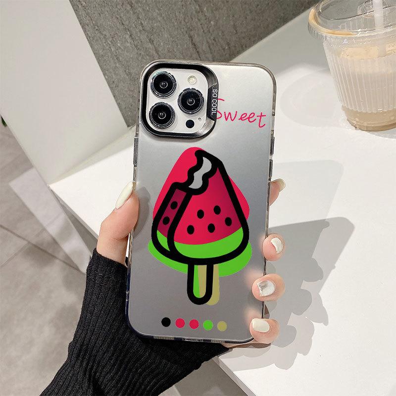 Cartoon Watermelon Ice Cream Color Silver Phone Case for IPhone 16 for Apple 15 Promax, Niche High-end Feel