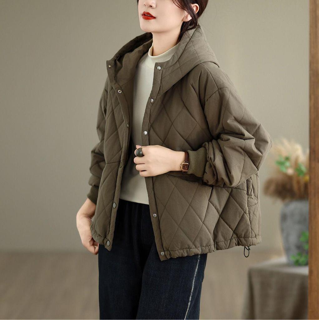 Women's Diamond Pattern Hooded Cotton Jacket - Winter Coat with Dark Buckle, Style 81607.