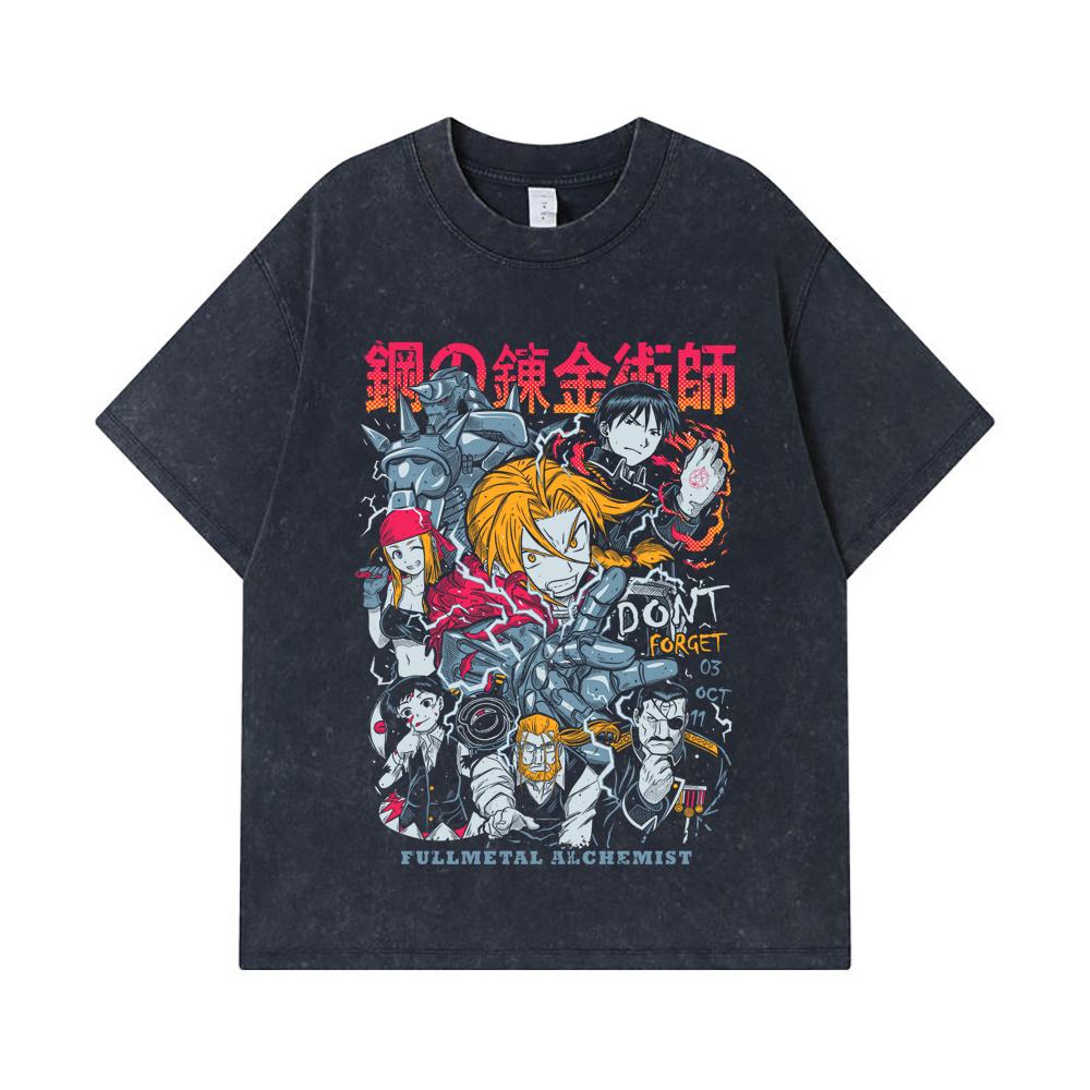 Camisetas Lavadas de 275 GSM 100% Algodón Fullmetal Alchemist V1 Estampado Unisex Camiseta Pesada de Algodón
