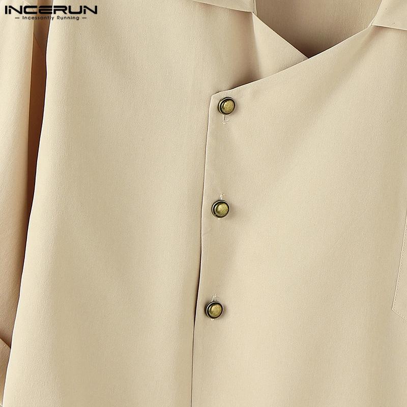 INCERUN Oversized Men Lapel Neck Half Sleeve Oblique Placket Casual Loose Shirts