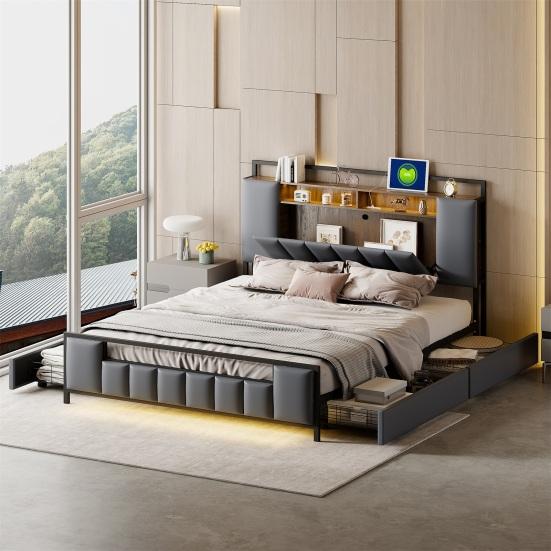 Upholstery Bed 160x200 Cm, Multifunctional Bed with LED Light, USB Socket, Drawers, Solid Iron Bed Frame, Youth Bed, Adult Bed, Double Bed, Synthetic