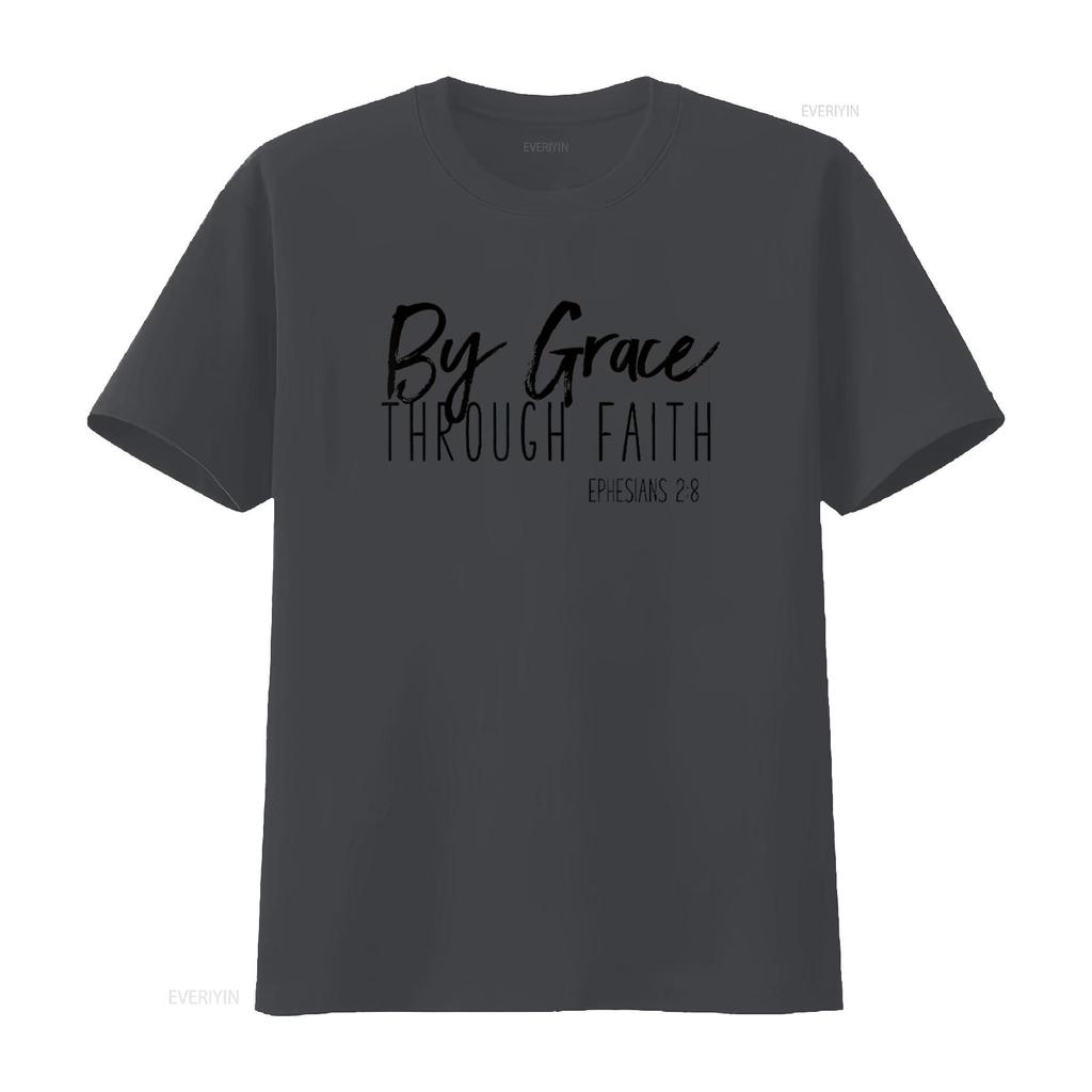 Womens By Grace Through Faith Uplifting Bible Verse T Shirt Black Vintage Washed Homme Unisex Streetwear Graphic Stretched Soft
