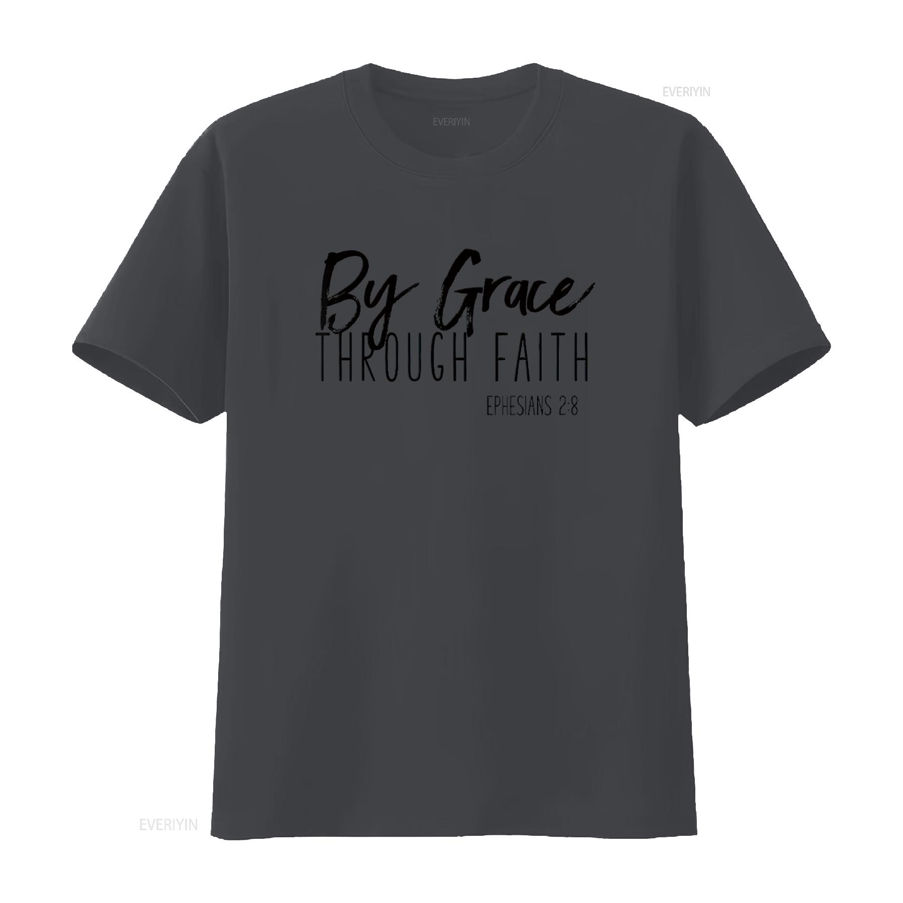 

Womens By Grace Through Faith Uplifting Bible Verse T Shirt Black vintage Washed homme Unisex streetwear graphic Stretched Soft 4XL
