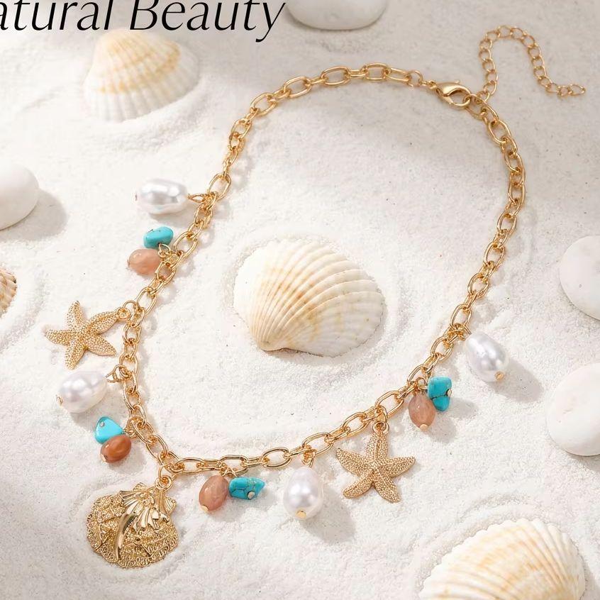 Collar Colgante Océano Multielemento para Mujer Bohemia Concha Estrella de Mar Perla de Imitación Collar de Joyería de Verano de Moda Regalos