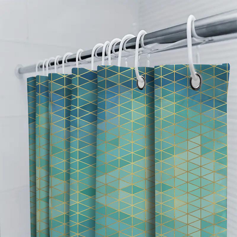 Modern Geometric Bathroom Shower Curtain Set For Home Decor Blue And Gold Colorful Pattern Waterproof Fabric (180X180Cm)