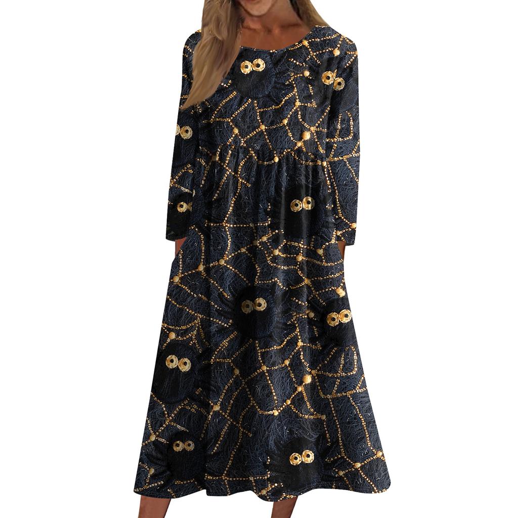 Women's Casual -neck Halloween Print Mid-length Dress Long-sleeved Dress With Pocket
