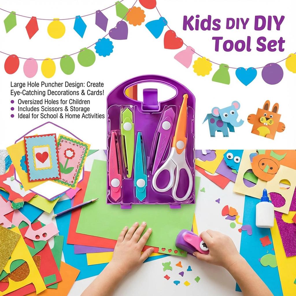 Kids DIY Craft Tool Set Large Hole Puncher And Scissors With Storage Box For School And Home Activities
