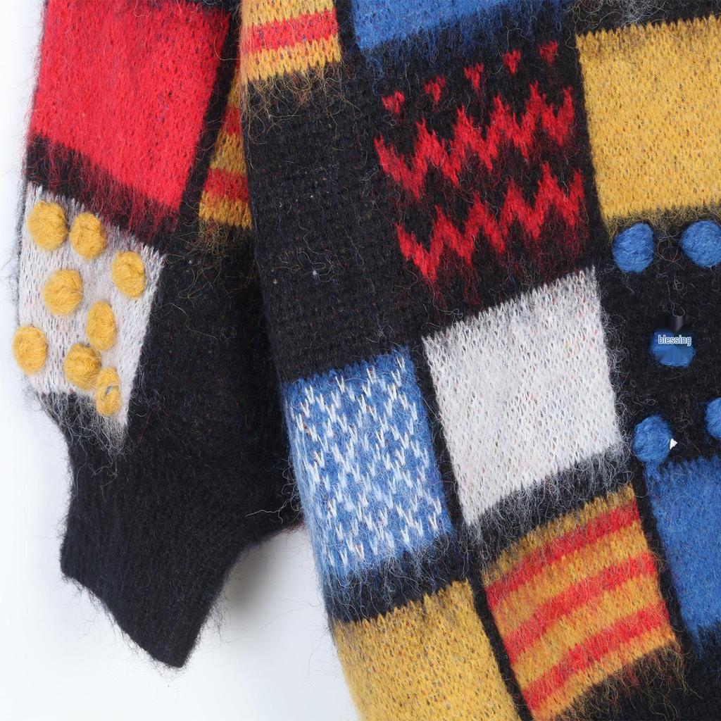 Korean Retro Color Block Plaid Mohair V-Neck Knit Cardigan Sweater with Pom Poms