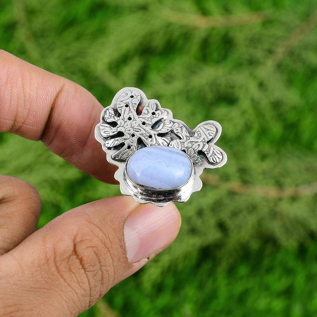 Natural Blue Lace Agate 925 Silver Multi Stone Adjustable Ring For Girls